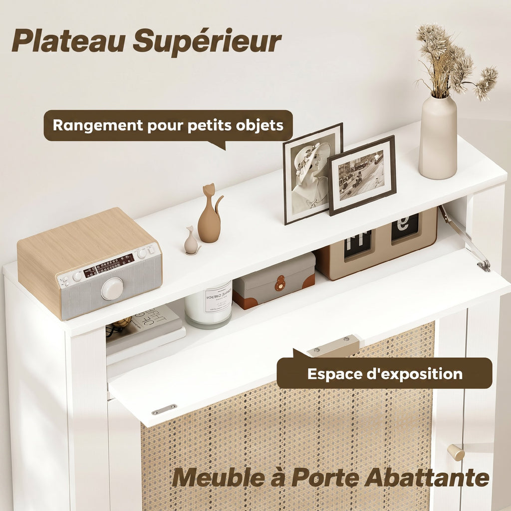Cache-Radiateur avec Placard Rabattable et Porte en Rotin, Couvercle de Radiateur en Bois avec Compartiment, Blanc-3