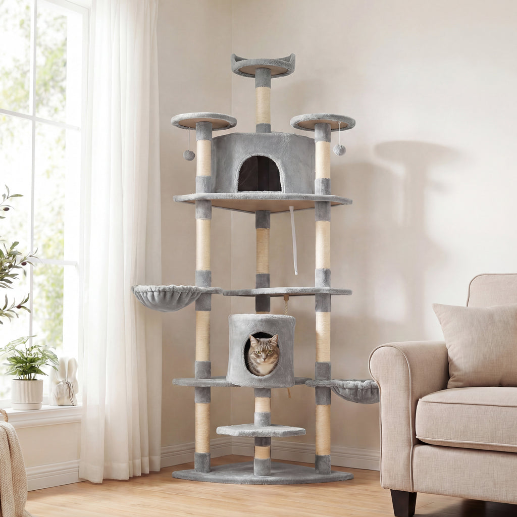 Tiragraffi XXL per gatti 200 cm con casette e amache, grigio chiaro