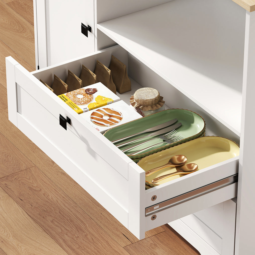 Buffet Haut Cuisine, Armoire Cuisine avec 3 Portes, 2 Tiroirs, Plan de Travail, Compartiments Ouverts, Blanc-8