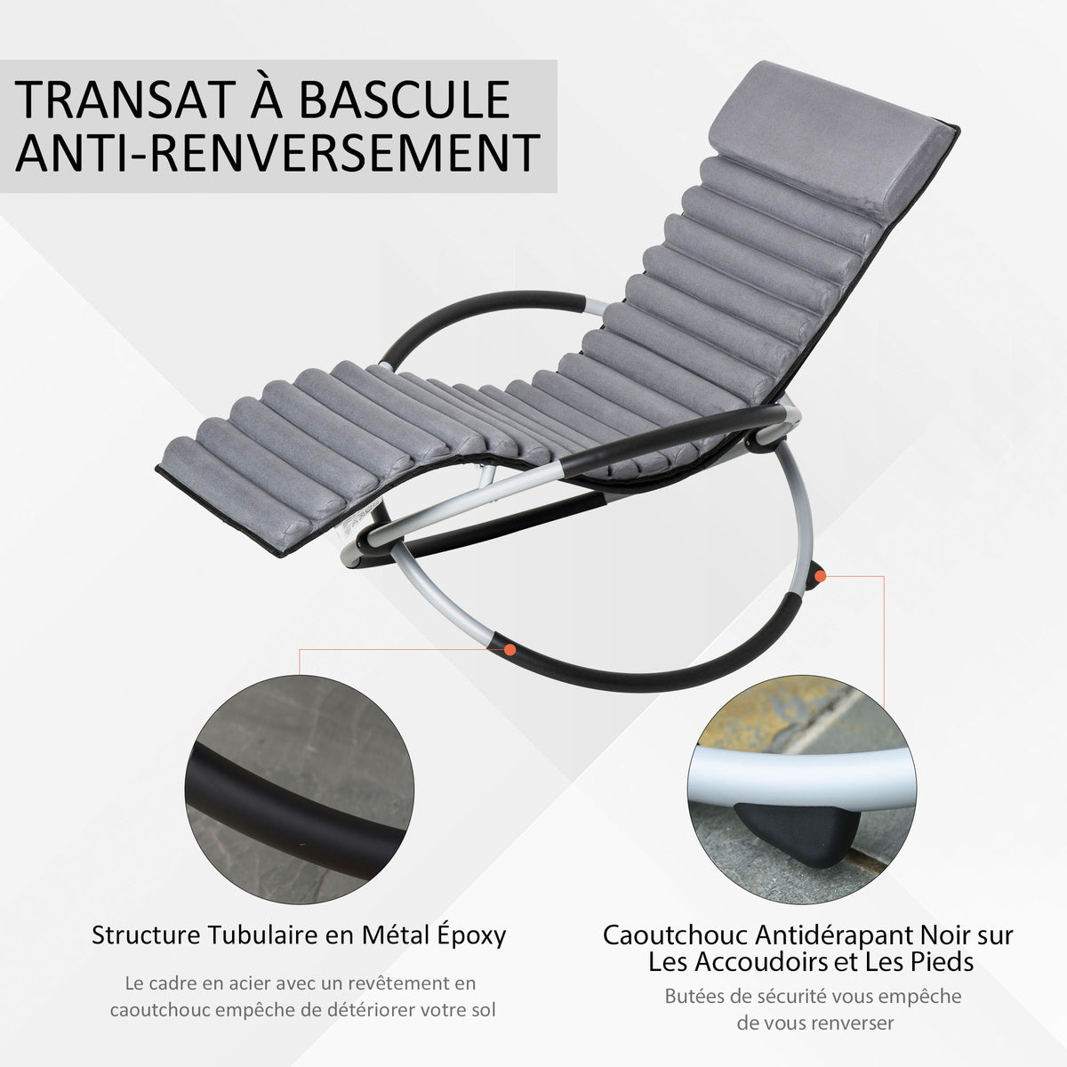Chaise Longue à Bascule Pliable Rocking Chair avec Matelas revêtement Aspect Daim métal textilène Gris Noir-5