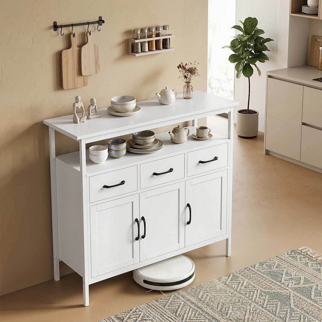 Buffet cuisine, meuble de rangement, 3 portes, 3 tiroirs, compartiment ouvert et étagères réglables, 95x35x88cm, blanc-9