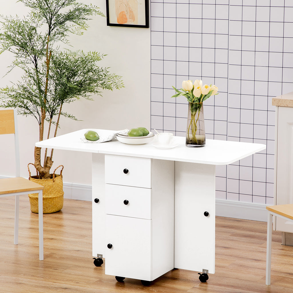 Table de cuisine pliable table à manger pliante 2 plateaux rabattables avec 2 tiroirs 1 placard blanc-8