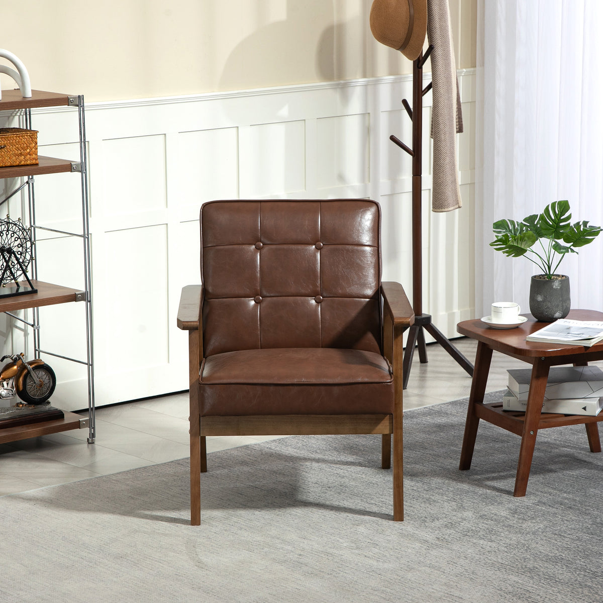 Fauteuil de salon, fauteuil de chambre en cuir synthétique, dossier capitonné, pieds en bois massif, 64x73x81cm, marron-1