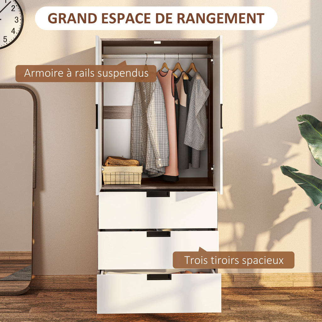 Armoire 2 portes, armoire moderne avec 3 tiroirs et tringle de suspension pour chambre à coucher, marron-3