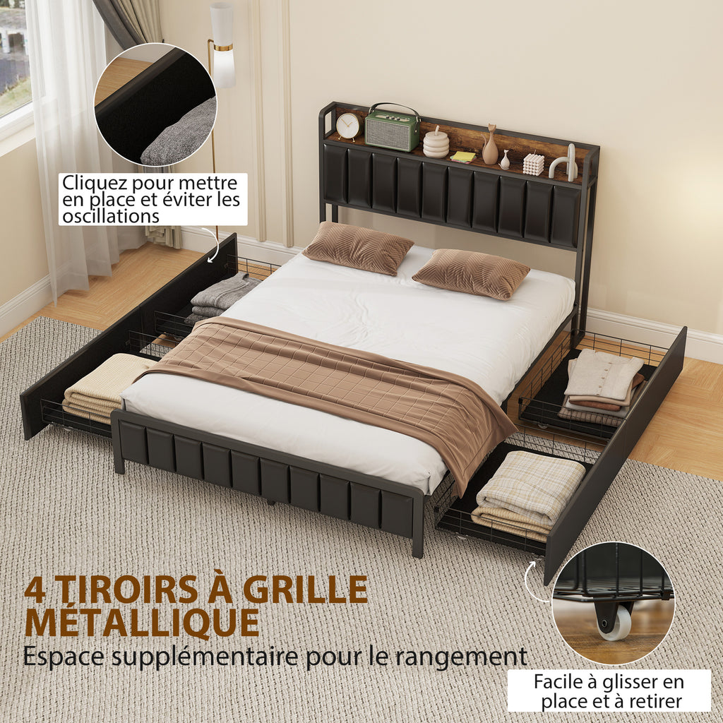 Cadre de lit 140 x 190 cm avec sommier à lattes en métal, lit double rembourré avec 4 tiroirs et étagère, noir-5