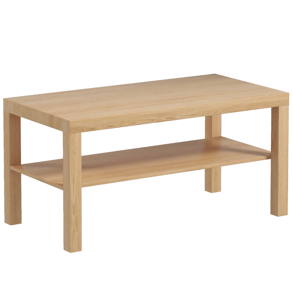 Table basse de salon, table d'appoint rectangulaire à 2 niveaux avec étagère de rangement, 90x45x44,5cm, bois naturel-0