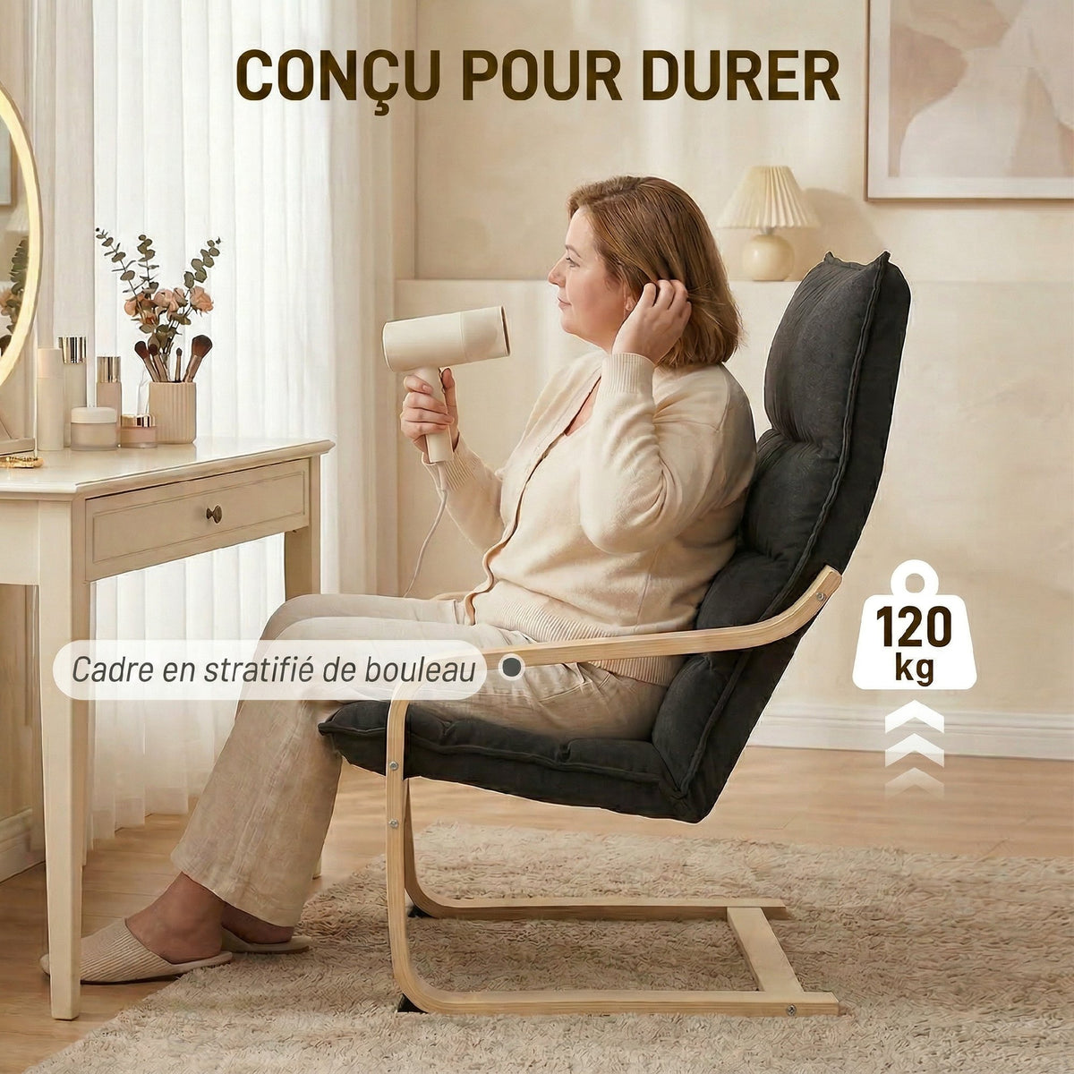 Fauteuil Salon, Fauteuil de Loisirs Moderne, Fauteuil Chambre avec Accoudoirs Incurvés, Coussins, 67 x 83 x 105 cm, Noir-6