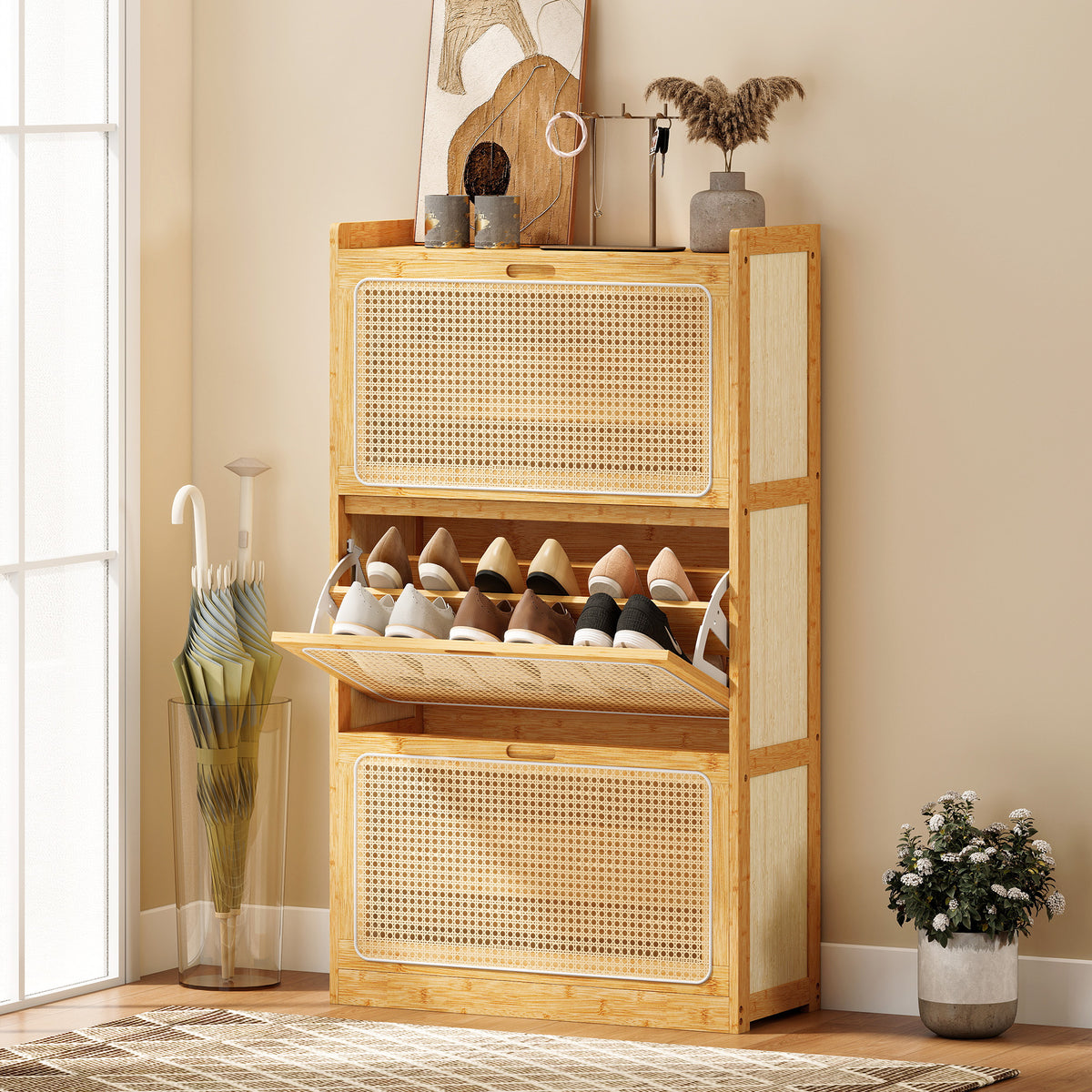 Meuble à chaussures 14 paires, armoire à chaussures 3 tiroirs rabattables, étagères réglables 69x29x119,8cm bois naturel-9