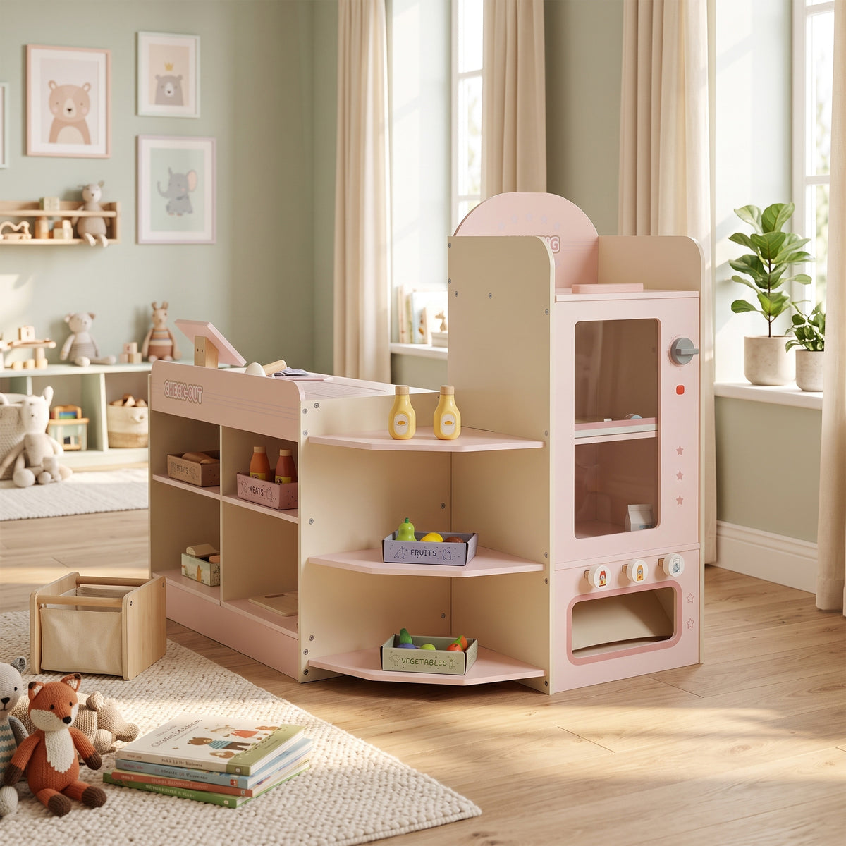 Supermarché pour enfant, marchande en bois, caisse enregistreuse, distributeur et accessoires, 90,7x60x73,8cm, vert-8