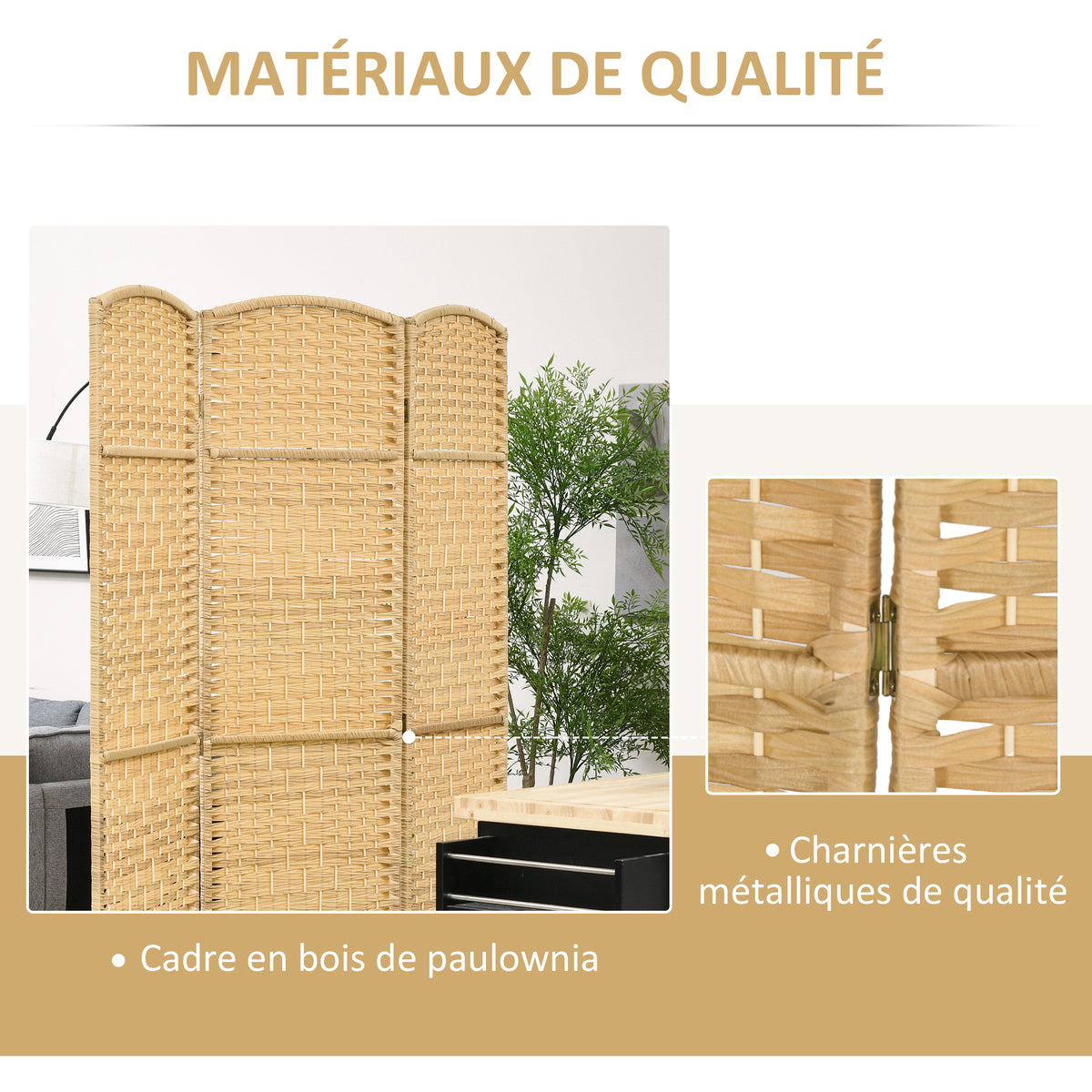 Paravent intérieur en bois 3 panneaux séparateur de pièce pliable pour salon chambre 135 x 180 cm bois naturel-4