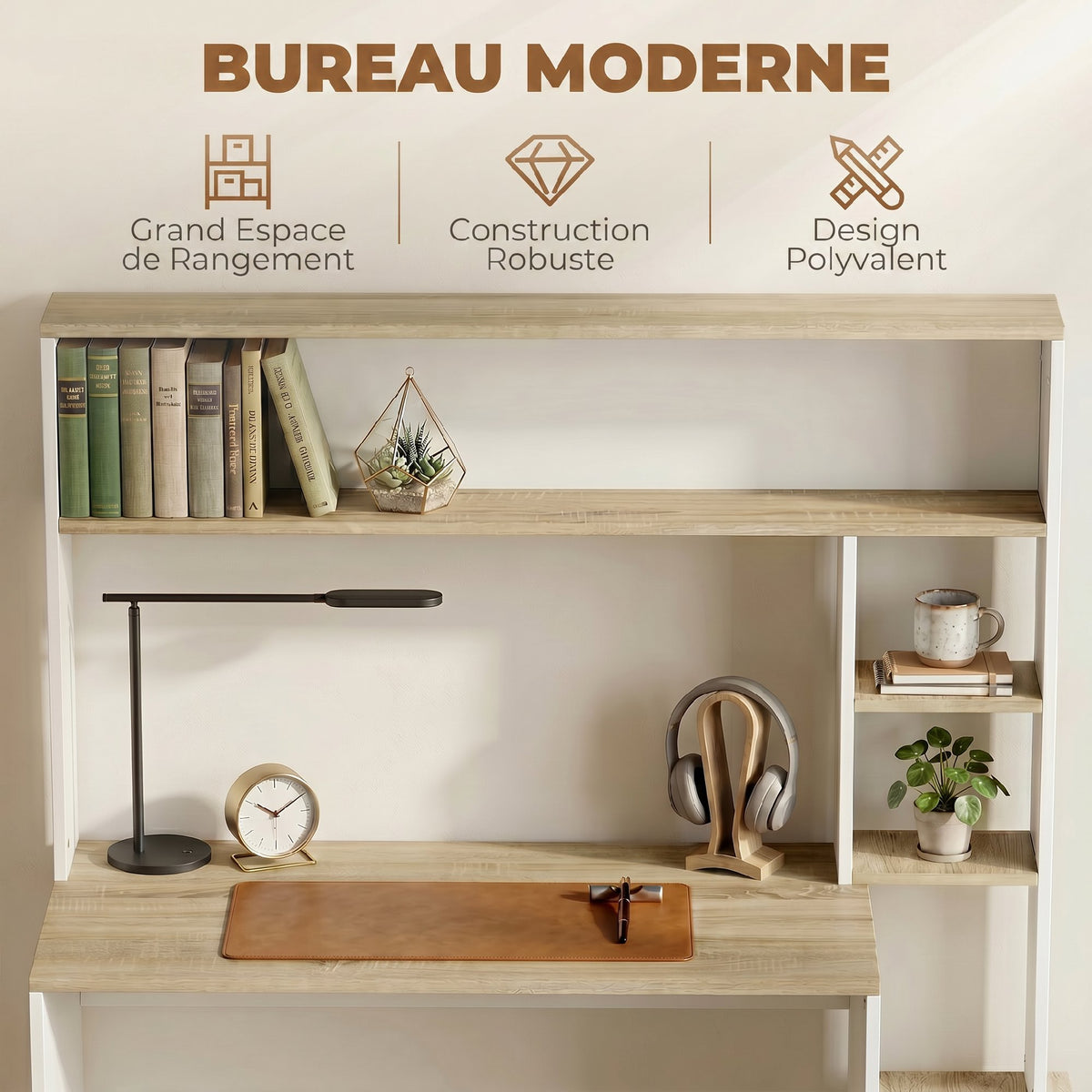 Bureau Informatique, 114 x 45 x 138 cm, Bureau avec Rangement, Étagères Ouvertes et Support UC, Blanc et Bois Naturel-5