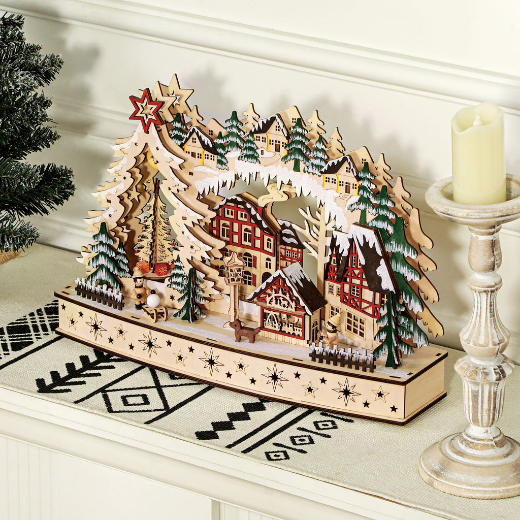 Villaggio di Natale in legno con 20 LED, paesaggio innevato, 45 × 12 × 30 cm
