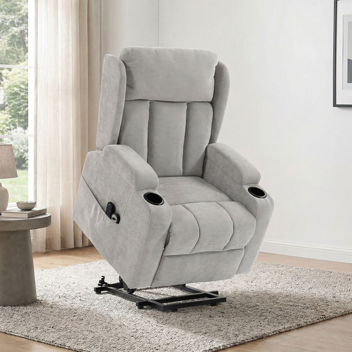 Fauteuil Releveur Électrique Massage et Chauffage, Fauteuil Relax Électrique en Chenille, Appui-tête Pliable, Gris Clair-9
