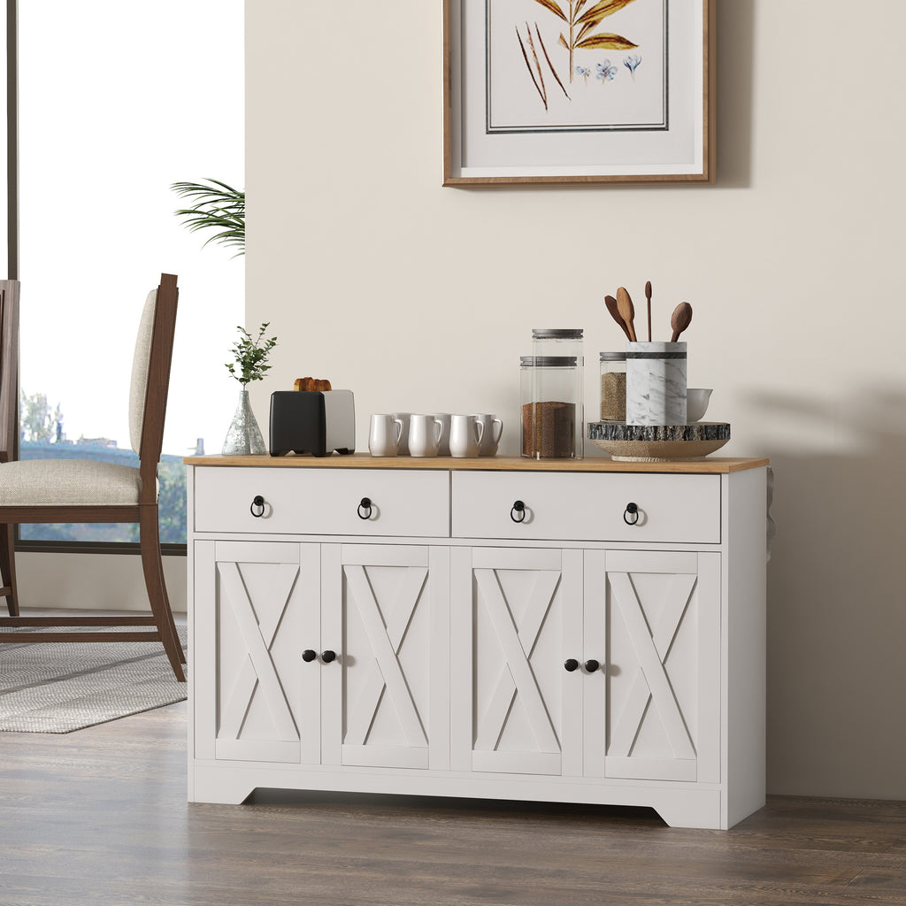 Buffet meuble de rangement armoire de cuisine style rural 2 tiroirs et 2 placards étagères à hauteurs réglables blanc-1