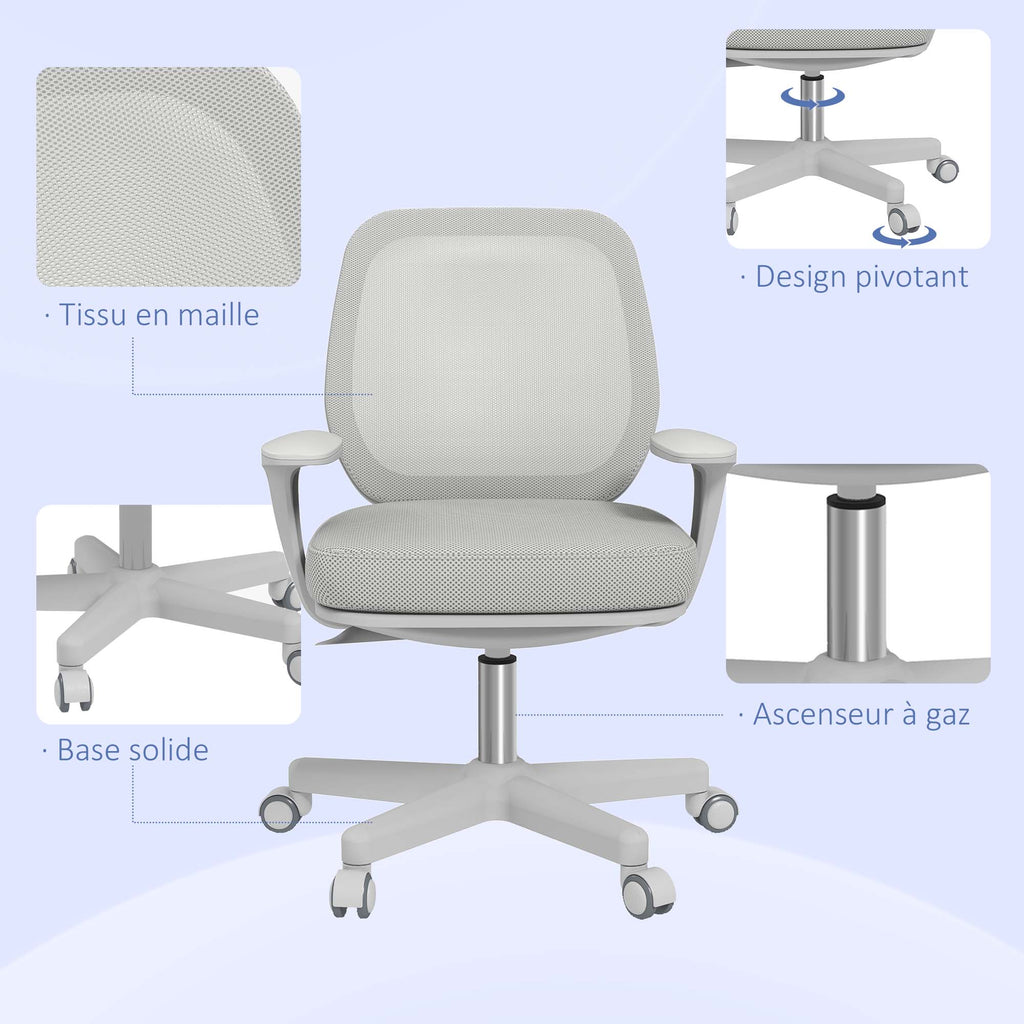 Chaise de bureau tissu mesh hauteur réglable pivotante 360° accoudoirs sur roulettes, gris-6