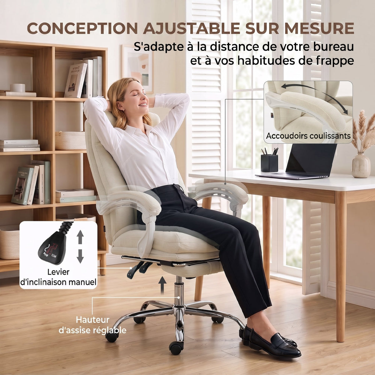 Chaise Bureau Ergonomique, Fauteuil de Bureau Inclinable en Chenille, Hauteur Réglable, Repose-Pieds, Crème-5