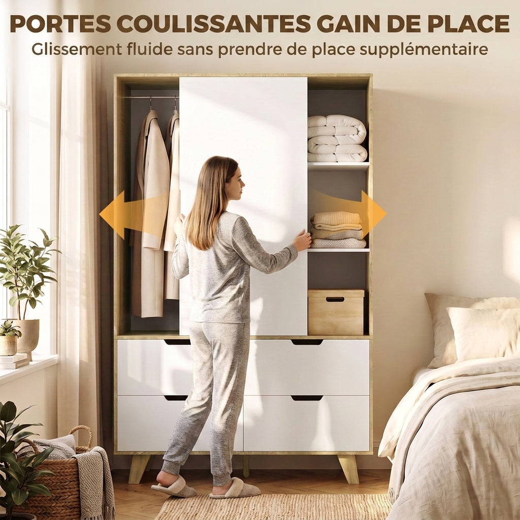 Armoire Chambre Penderie, 2 Portes Coulissantes, 4 Tiroirs, Barre de Suspension, Étagères Réglables, Chêne et Blanc-4