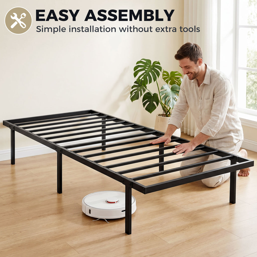 Cadre de lit 90 x 200 cm avec sommier en métal, lit simple avec rangement au-dessous, sans bruit, montage facile, noir-7