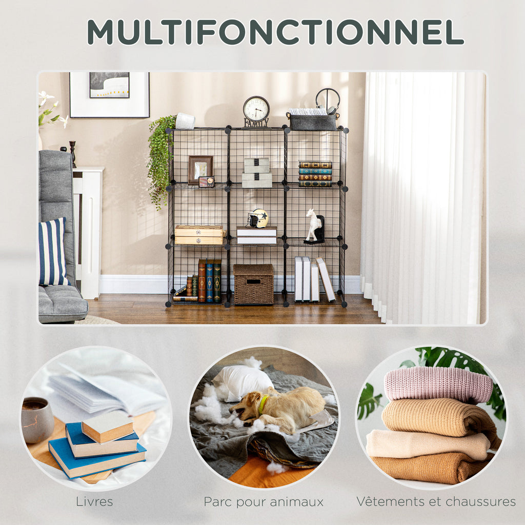 Étagère cube modulable DIY avec 9 compartiments en treillis métallique pour salon, chambre à coucher, noir-6