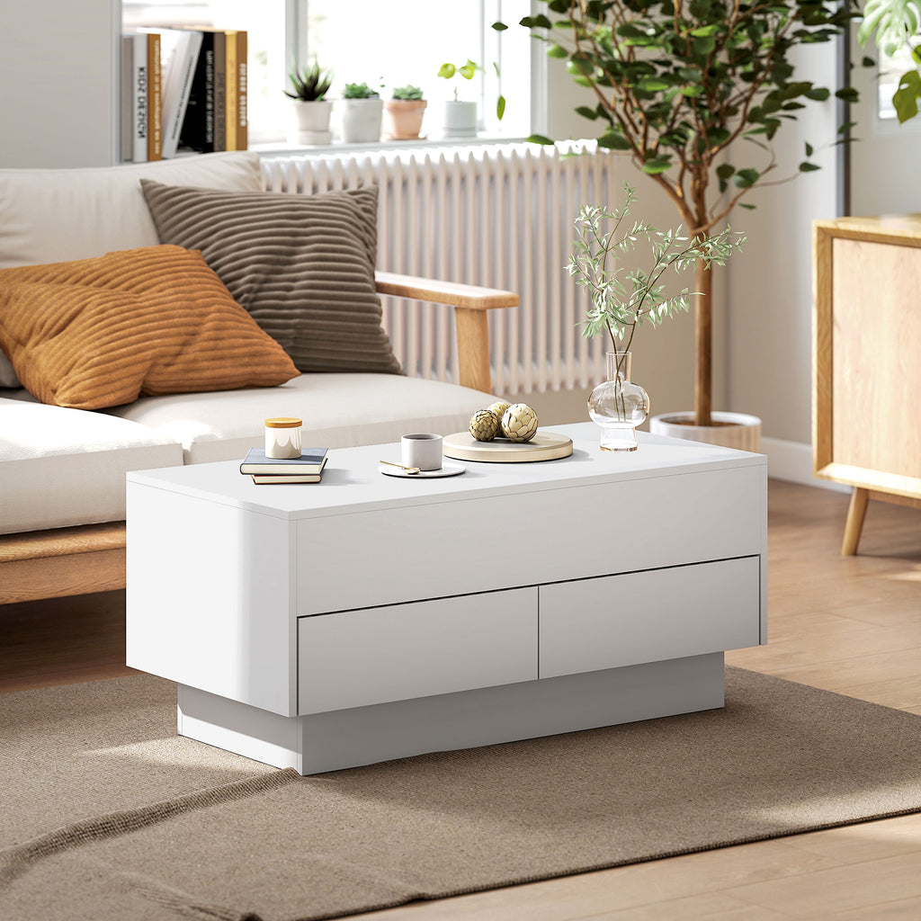 Table basse relevable, table de salon avec compartiment caché et 2 tiroirs, 100 x 50 x 44 cm, blanc-9