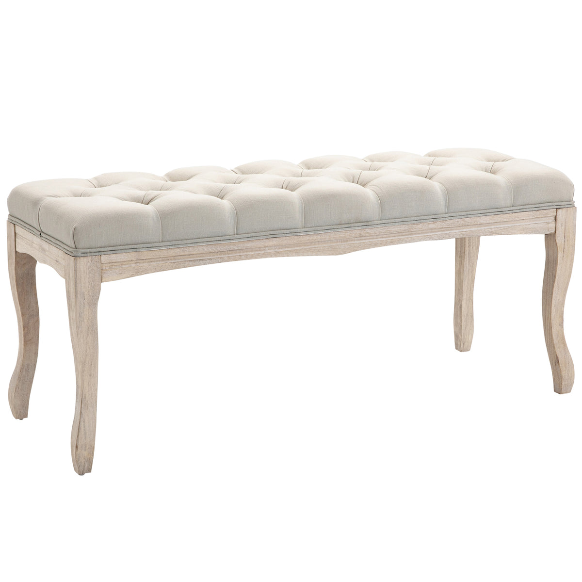 Banc Banquette capitonnée Style Classique 110 cm Bout de lit Rembourrée en lin piètement Bois hévéa sculpté Beige-0