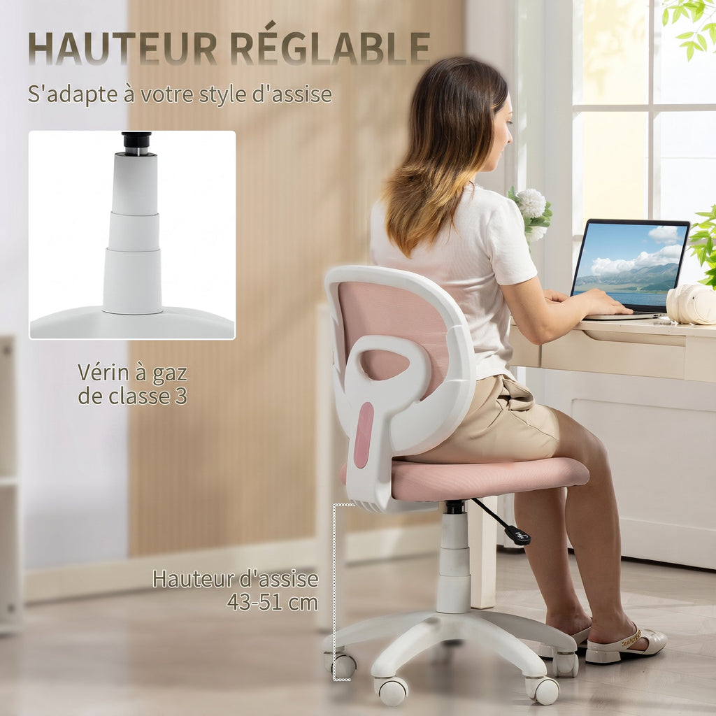Chaise de Bureau Ergonomique sans Accoudoirs, Fauteuil de Bureau en Maille, Hauteur Réglable, Rose-6