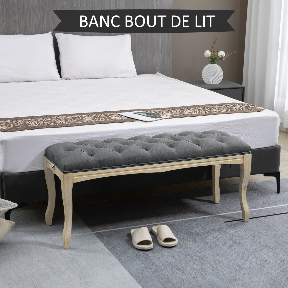 Banc Banquette capitonnée Style Classique 110 cm Bout de lit Rembourrée en lin piètement Bois hévéa sculpté Lin Gris-6