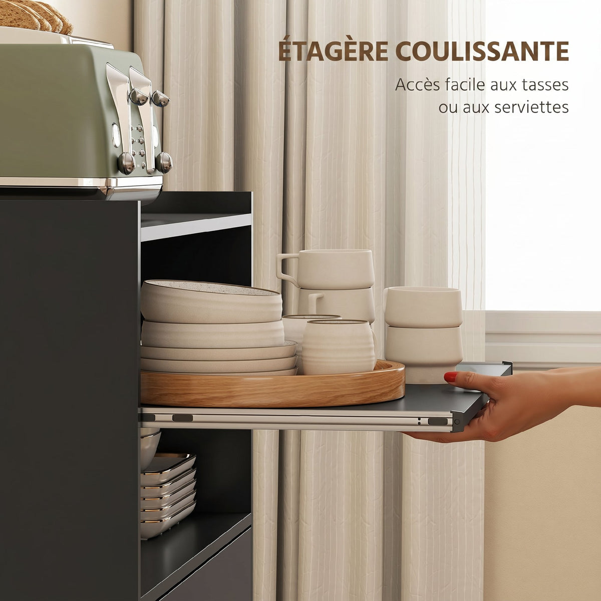 Chariot de cuisine sur roulettes, desserte micro-onde à roulettes avec placard tiroir étagères, 59 x 40 x 92 cm, noir-4