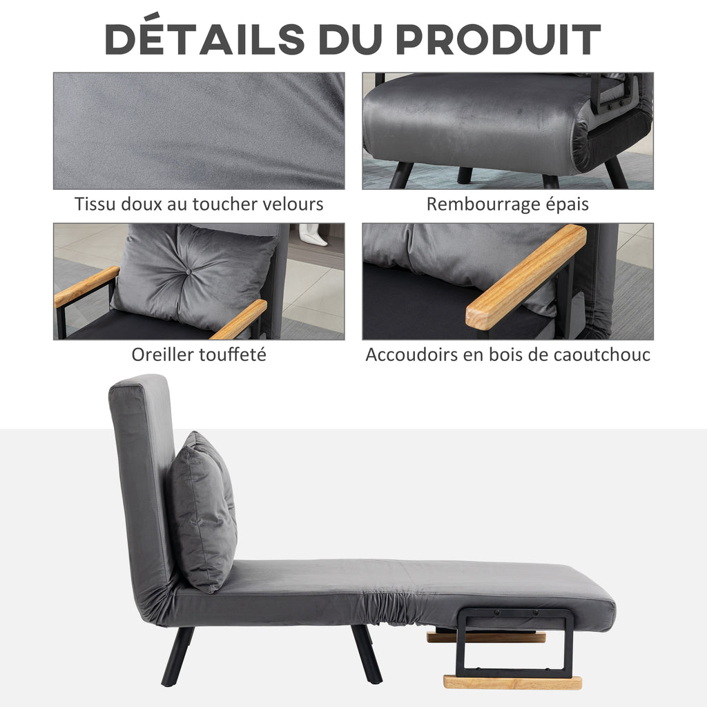 Fauteuil convertible 1 place fauteuil-lit chauffeuse 3 en 1 dossier réglable oreiller tissu velours 63x73x81cm gris-5