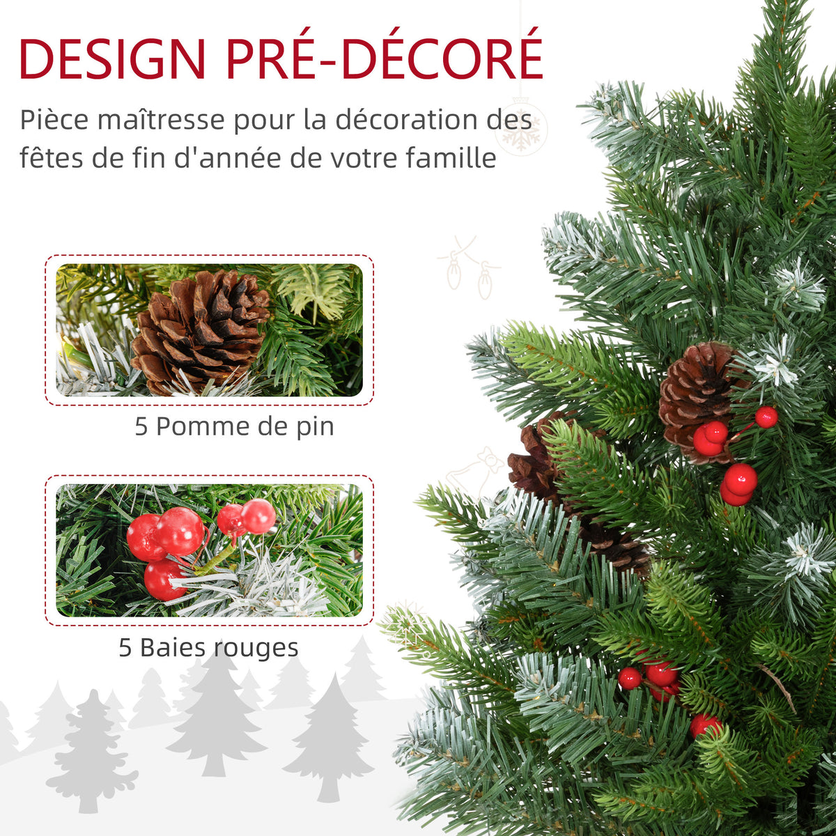 Albero di Natale da tavolo 60 cm con 20 LED, pigne e bacche rosse