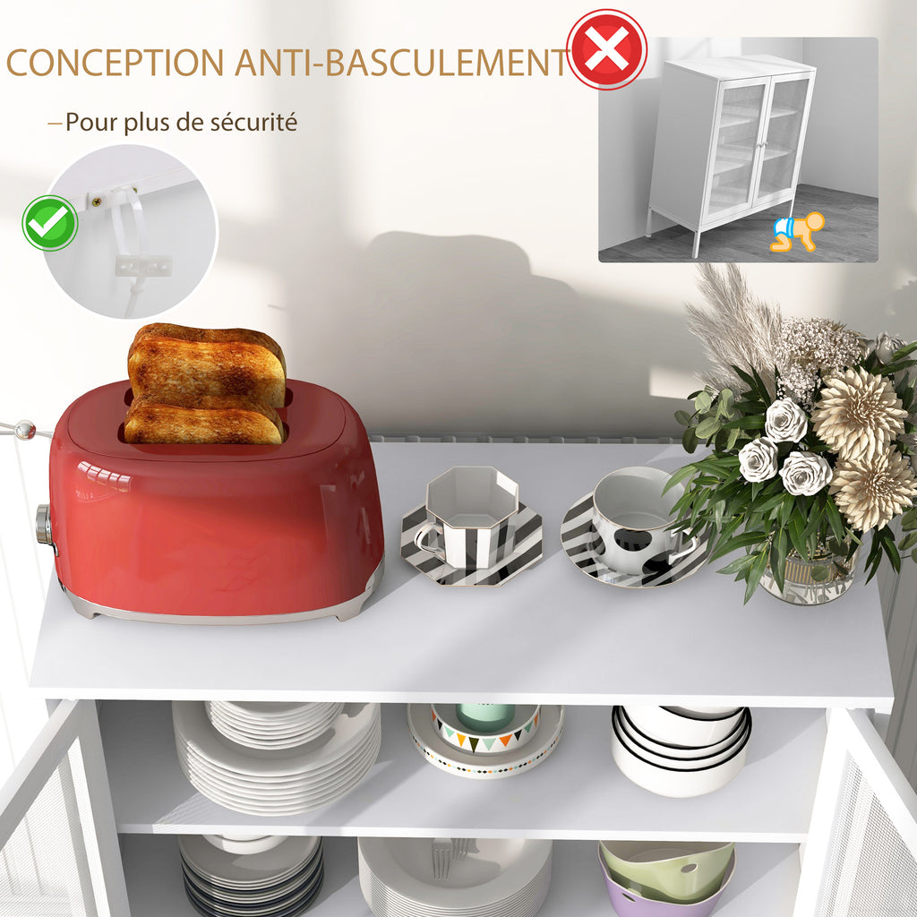 Buffet meuble de cuisine à 3 niveaux avec 2 portes grillagées avec étagère réglable 80 x 37 x 92 cm blanc-6