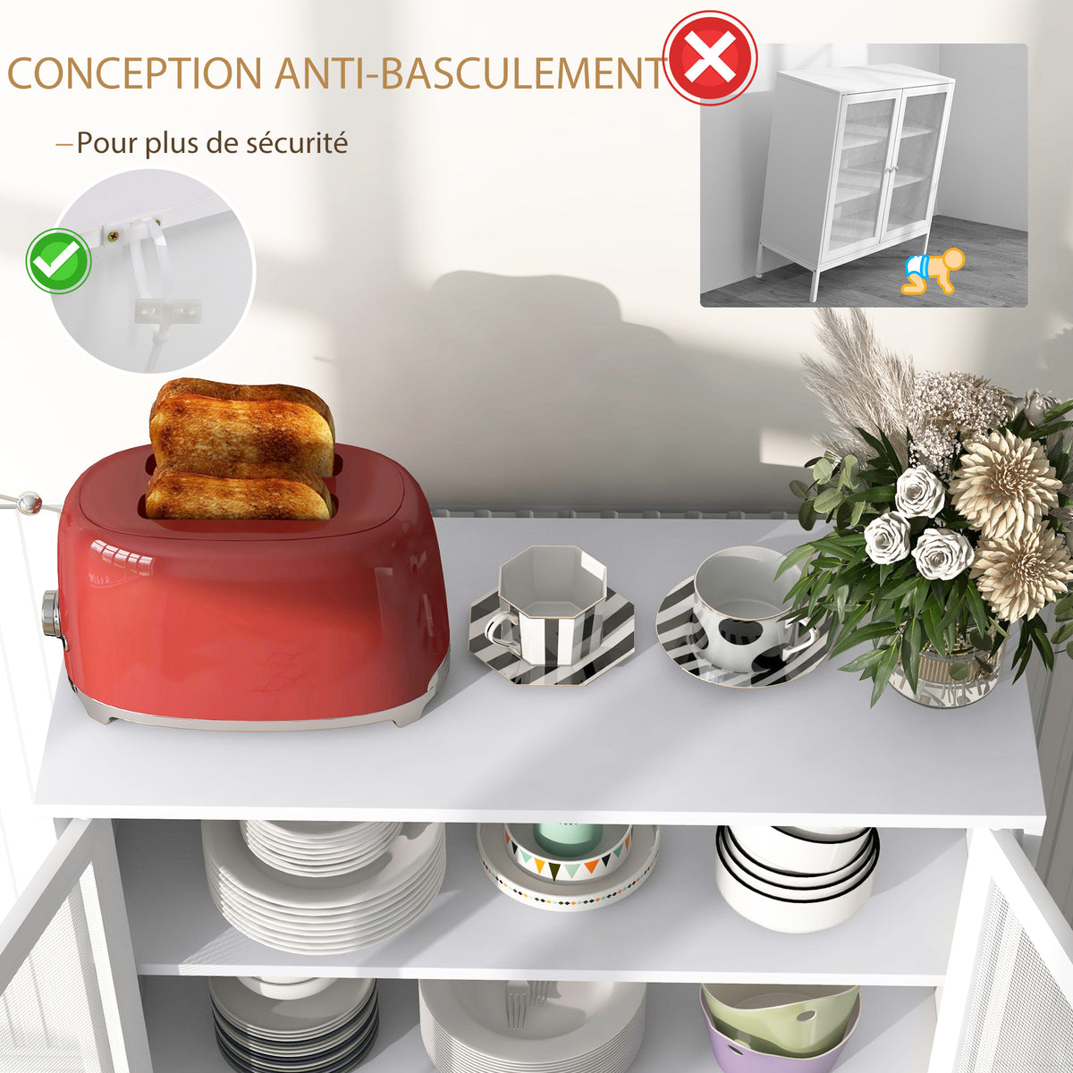 Buffet meuble de cuisine à 3 niveaux avec 2 portes grillagées avec étagère réglable 80 x 37 x 92 cm blanc-6
