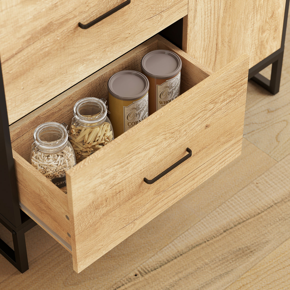 Armoire de cuisine meuble de rangement, 2 tiroirs 1 placard 2 niches et étagères réglables, 88x35x160cm, noir et naturel-8
