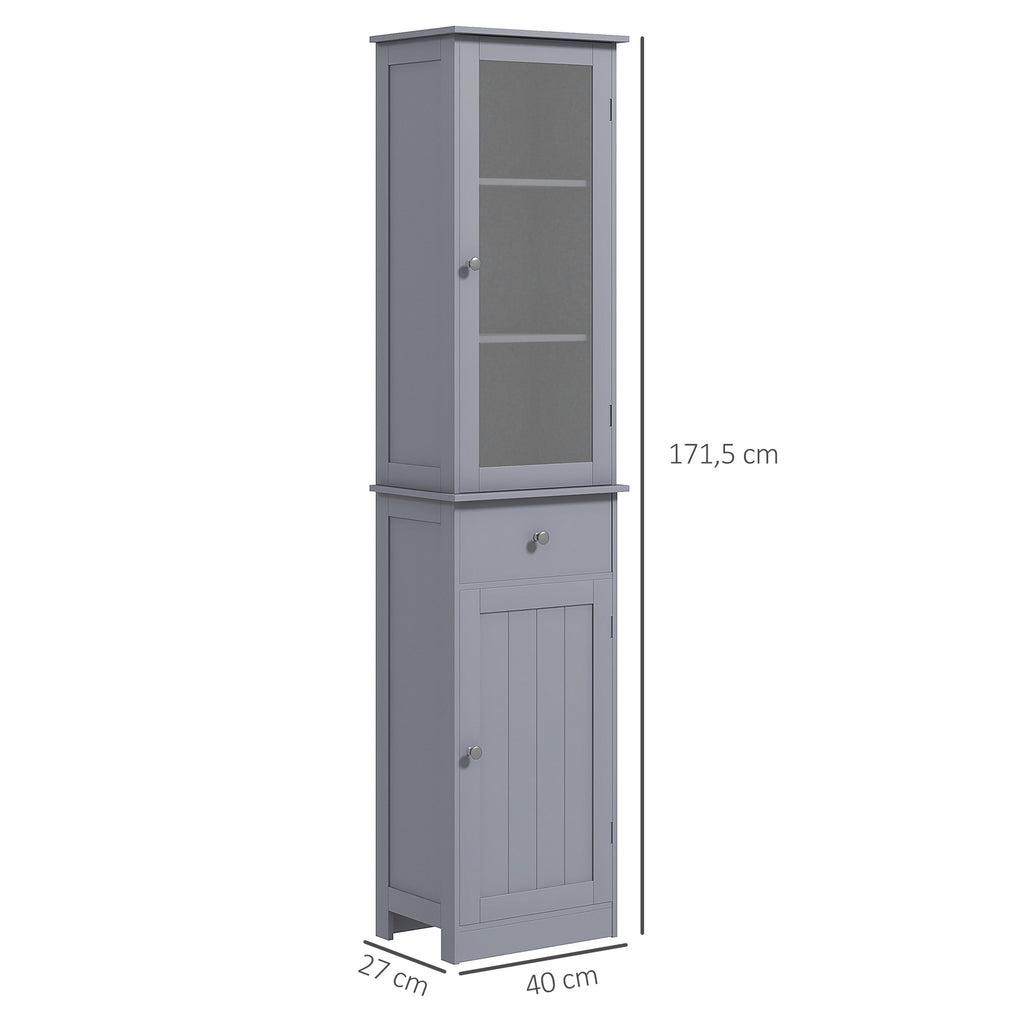 Meuble Colonne de Salle de Bain Placard Porte Acrylique 2 étagères Placard Porte 1 étagère tiroir MDF Gris-2