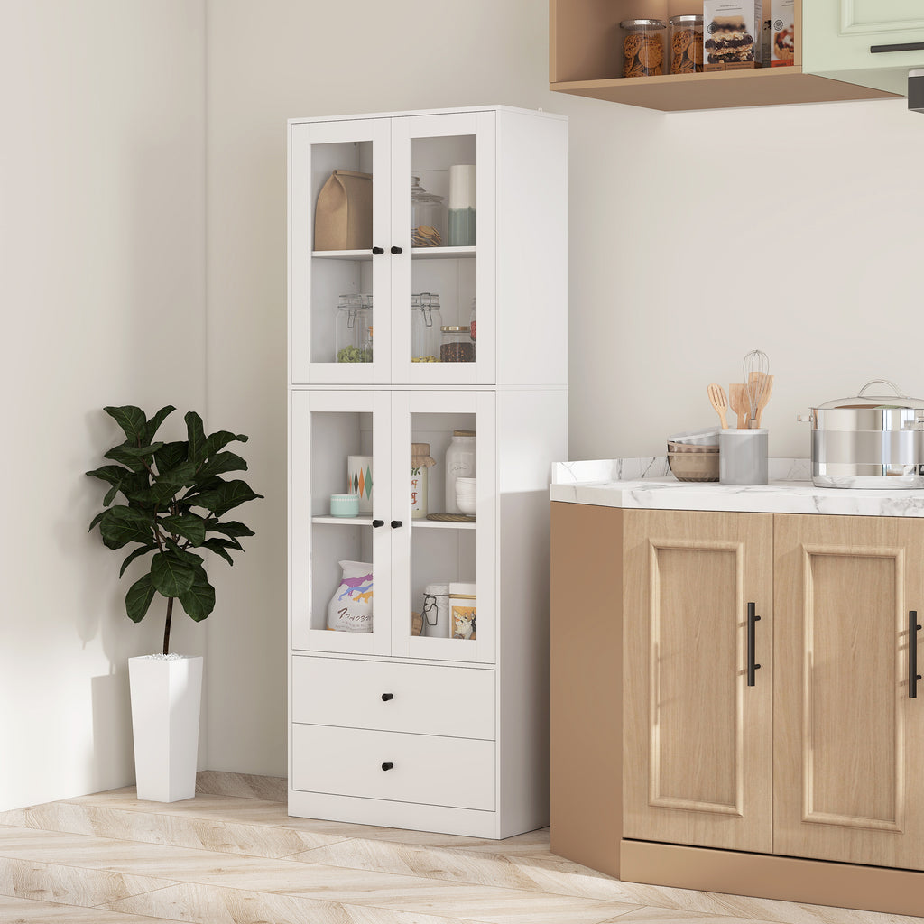 Buffet haut cuisine, armoire de cuisine avec portes vitrées, tiroirs et étagères réglables, 59x30x170cm, blanc brillant-7