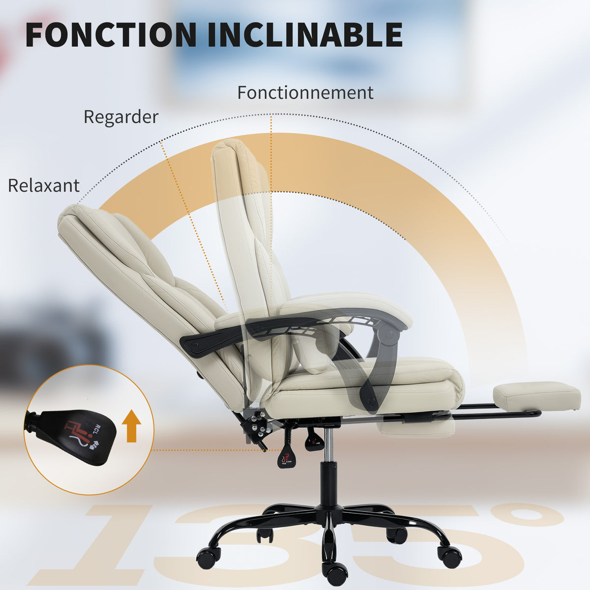 Chaise Bureau Ergonomique, Fauteuil de Bureau avec Dossier Inclinable, Hauteur Réglable, 65x67x111-119cm, Beige-6