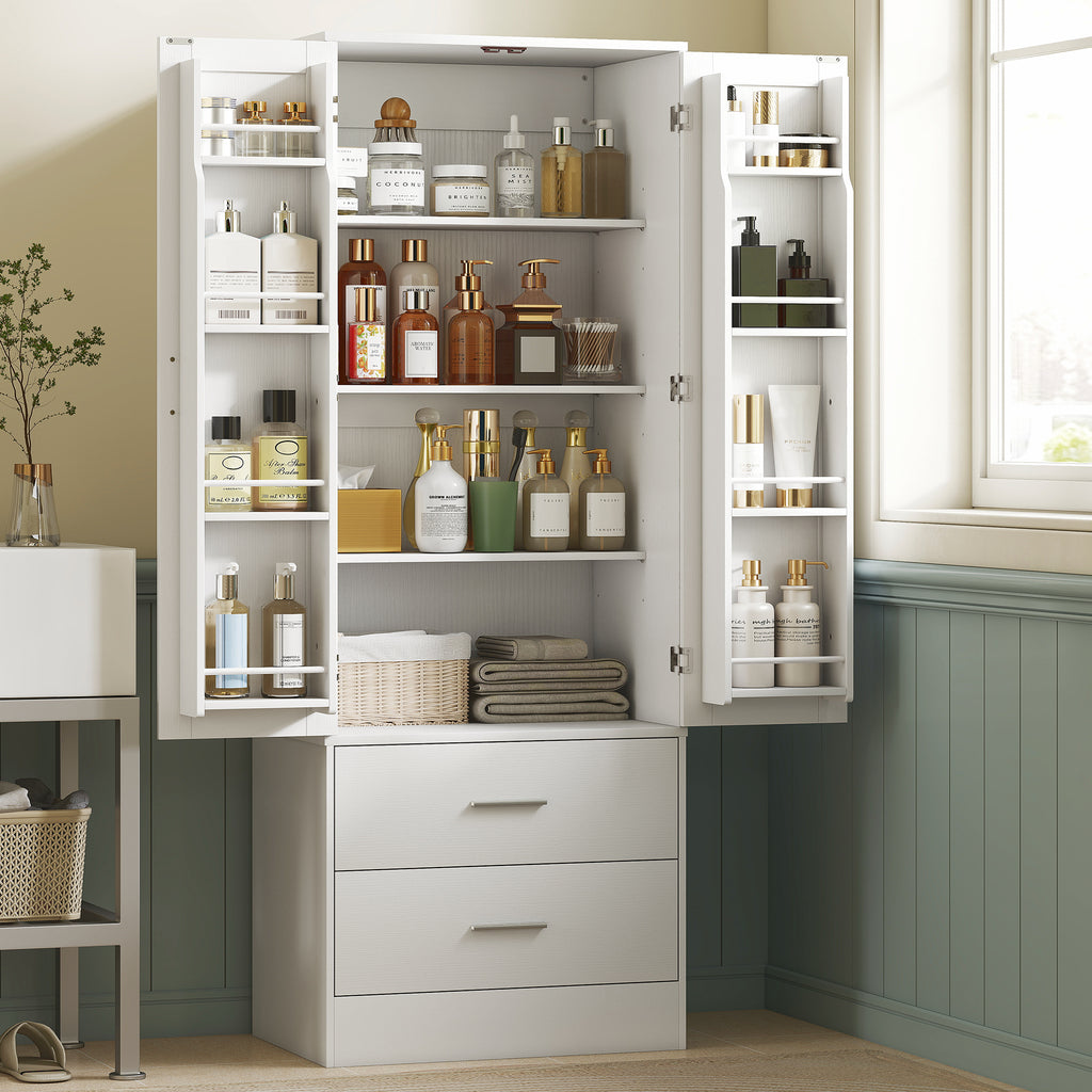 Buffet haut cuisine, armoire de cuisine, 2 portes, 8 porte-épices, 2 tiroirs, étagères réglables, 60x40x159cm, blanc-7