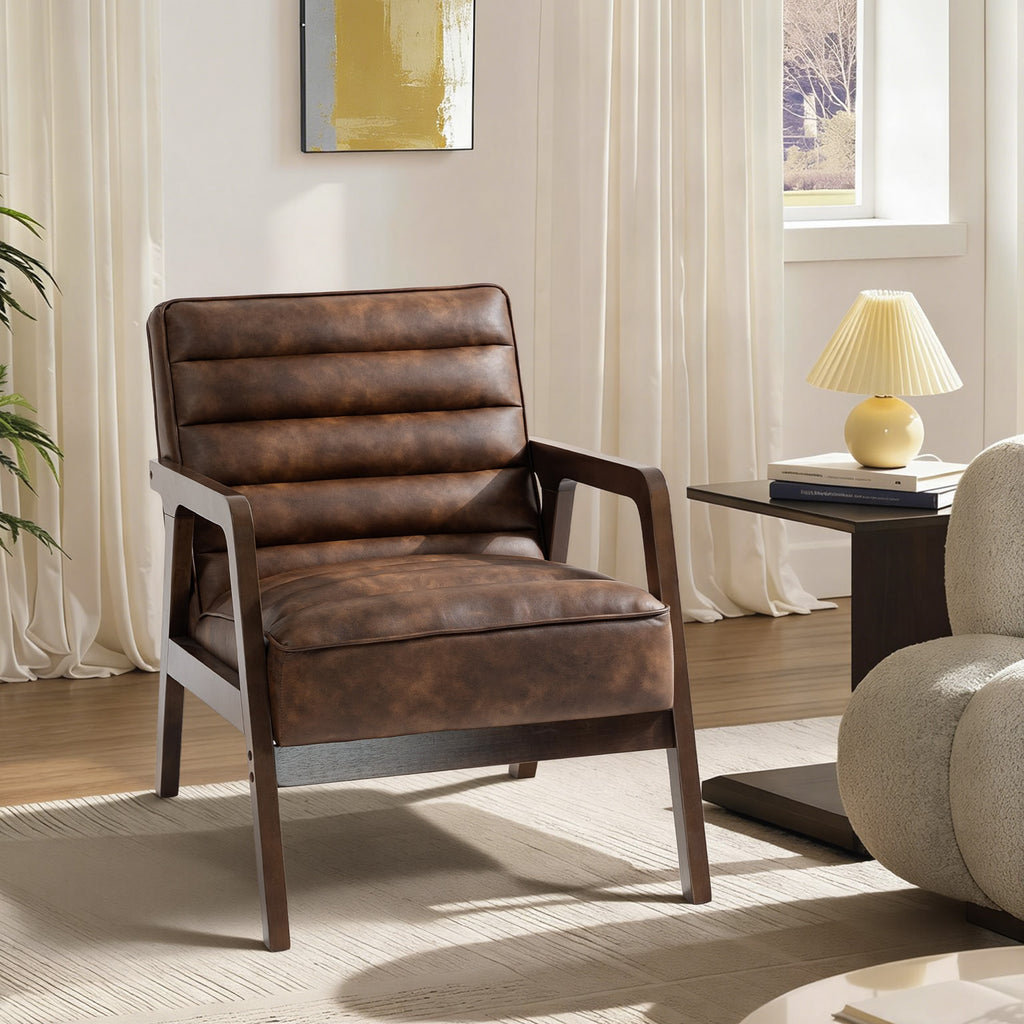 Fauteuil salon, fauteuil d'appoint rembourré en PU avec large assise, coussin épais et structure en bois massif, marron-1