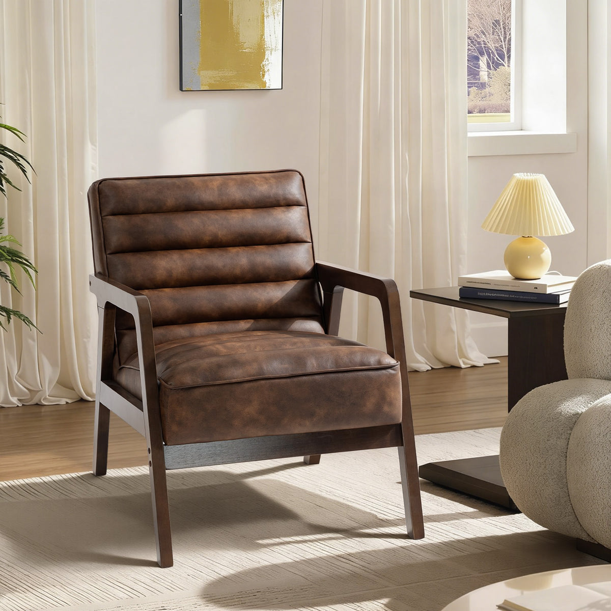 Fauteuil salon, fauteuil d'appoint rembourré en PU avec large assise, coussin épais et structure en bois massif, marron-1