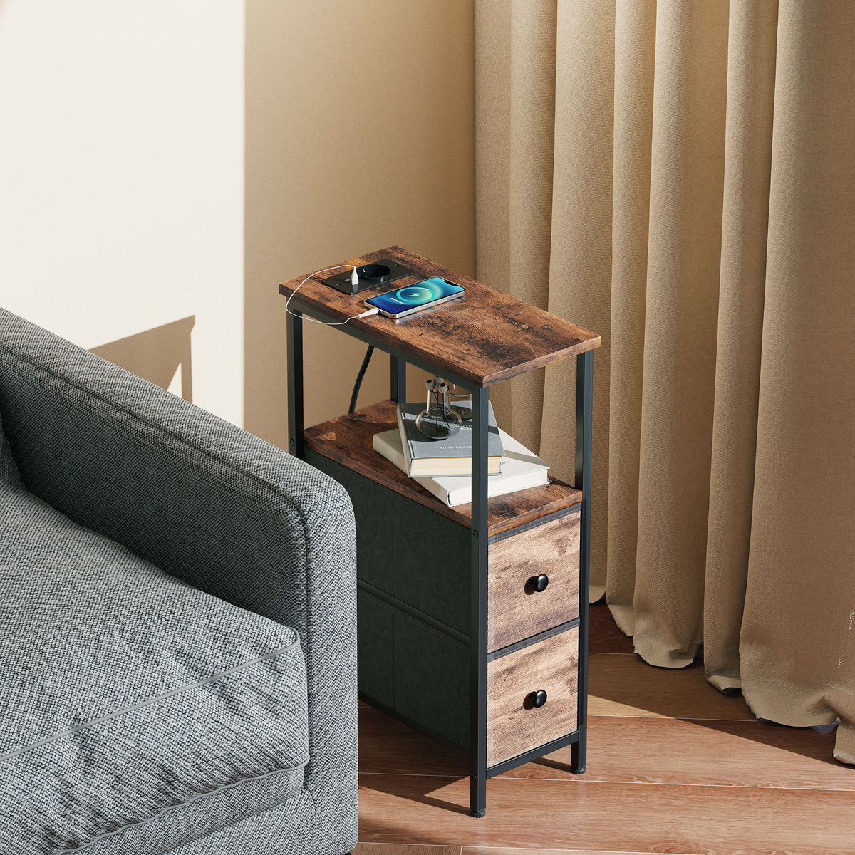 Table d'appoint avec station de charge, table de salon étroite avec 2 tiroirs en tissu, étagère ouverte, brun rustique-9