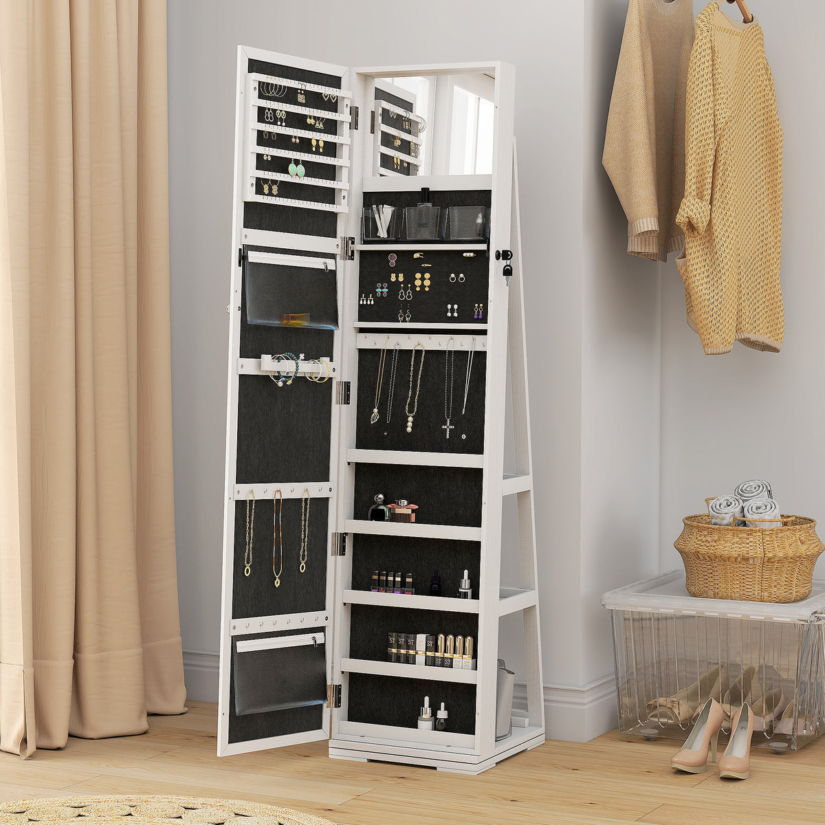 Armoire à Bijoux pivotante verrouillable boîte à bijoux avec Miroir - Armoire Bijoux Multi-Rangement - en Bois Blanc-9