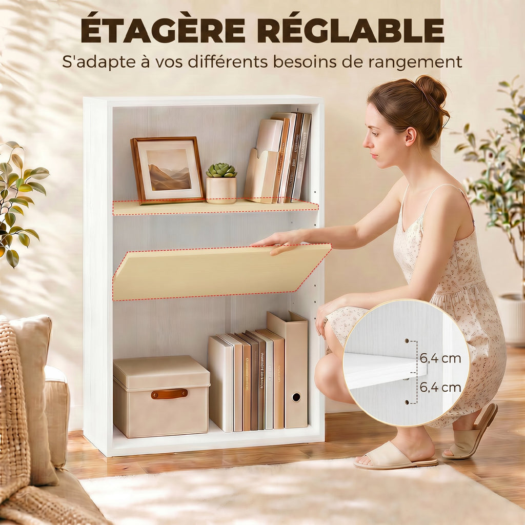 Bibliothèque étagère de rangement avec 3 compartiments et étagère réglable, 60 x 24 x 93 cm, blanc-3