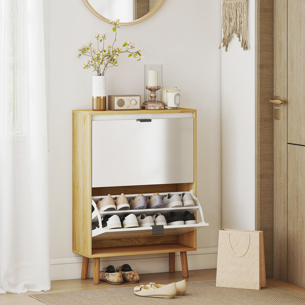 Meuble à chaussures, armoire à chaussures étroite, 2 tiroirs rabattables, portes haute brillante, 60x24x91cm, blanc-7