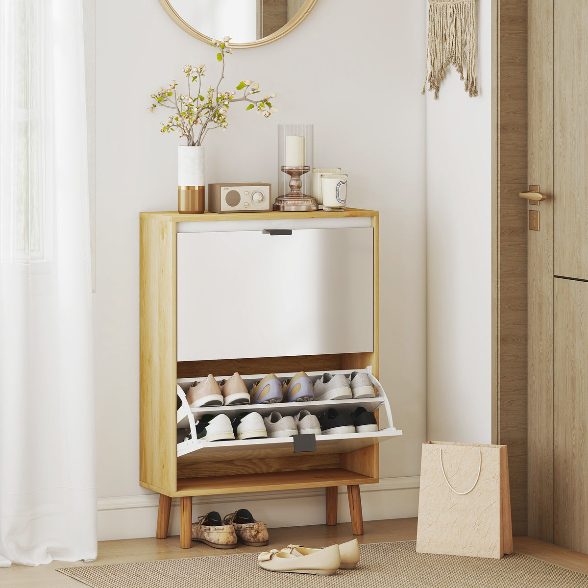 Meuble à chaussures, armoire à chaussures étroite, 2 tiroirs rabattables, portes haute brillante, 60x24x91cm, blanc-7