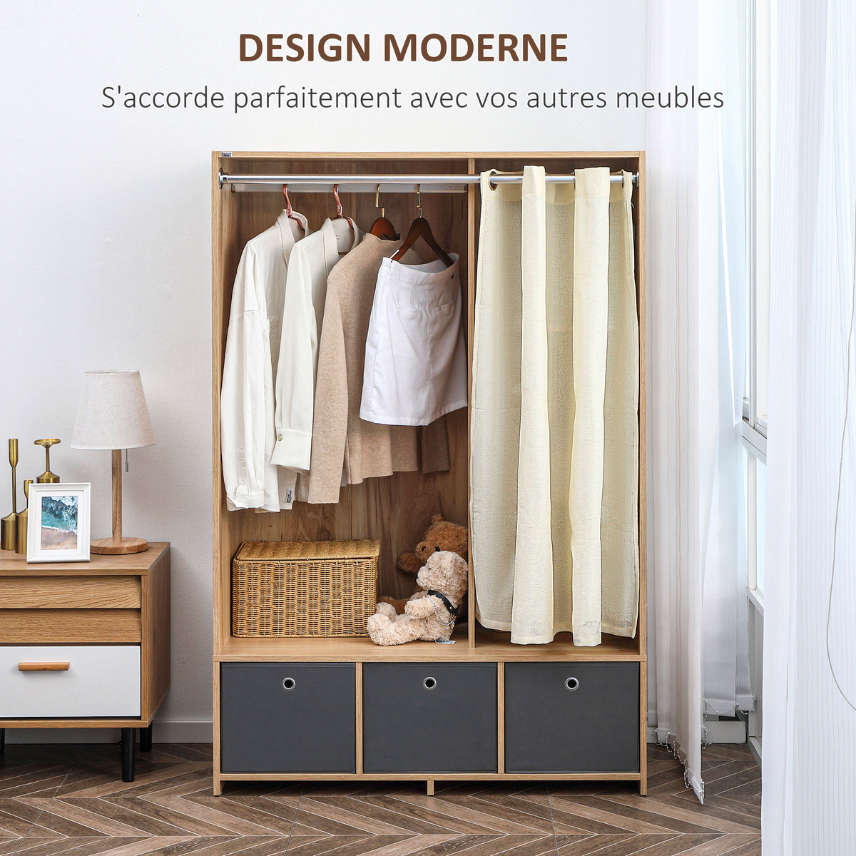 Armoire penderie armoire de rangement avec tringle rideaux 3 tiroirs en tissu amovibles 105 x 48 x 160 cm naturel-3