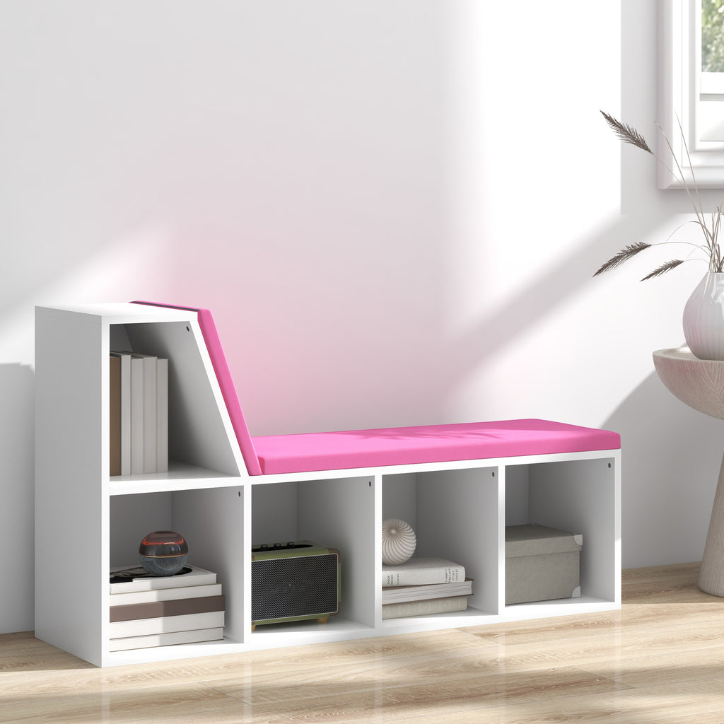 Bibliothèque banc 2 en 1 avec 5 compartiments de rangement et 2 coussins 108 x 30 x 60 cm blanc rose-9