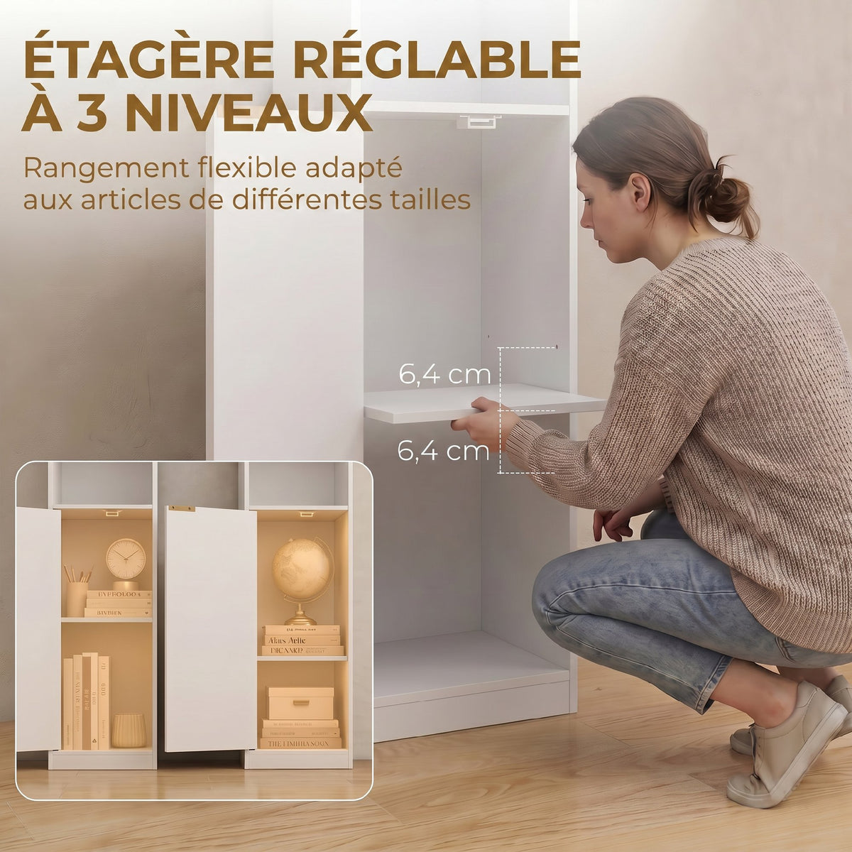 Bibliothèque, Étagère à 6 Niveaux, 30 x 24 x 182 cm, Meuble de Rangement avec Placard et Étagère Réglable, Blanc-5