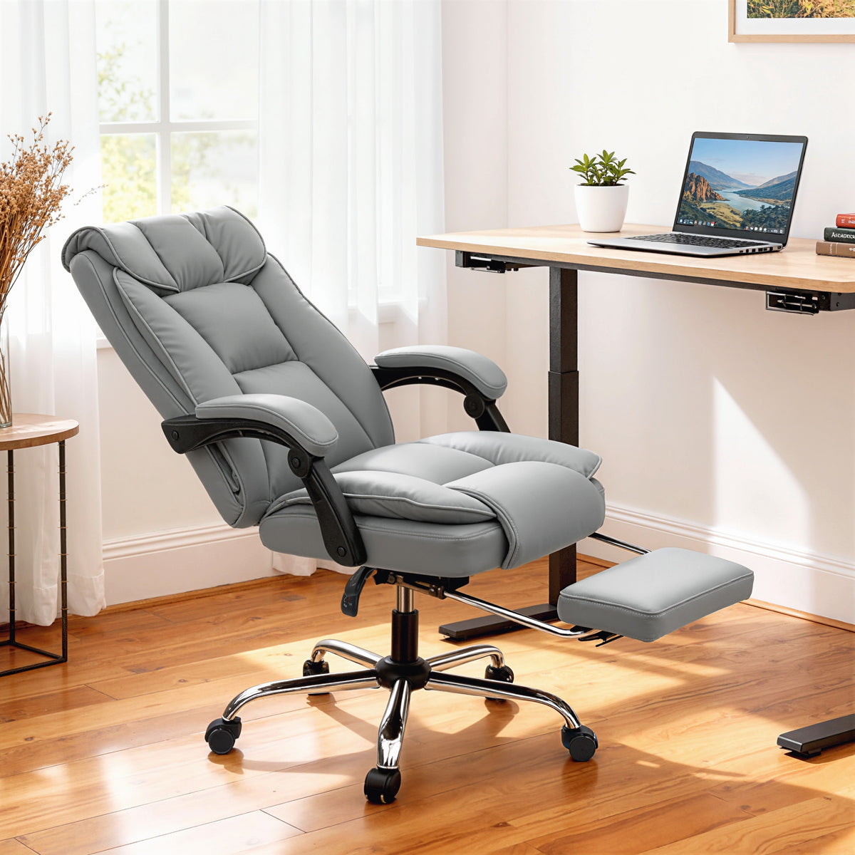 Chaise de bureau ergonomique, fauteuil de bureau inclinable avec repose-pieds, hauteur réglable, pivotante 360°, gris-1