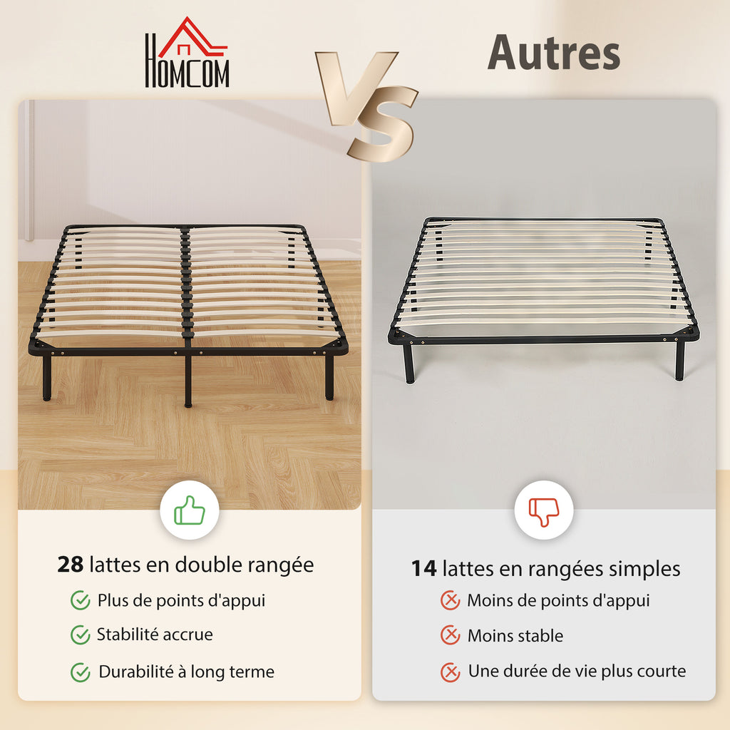 Cadre de lit 160 x 190 cm, lit 2 personnes en bois massif avec sommier à lattes et pied, rangement au-dessous, noir-3