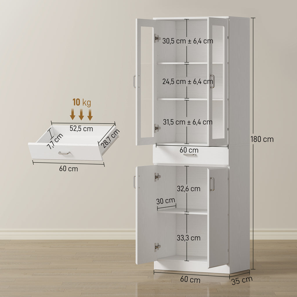 Buffet haut cuisine, armoire de cuisine, 4 portes dont 2 en verre, tiroirs, étagères réglables, 60x35x180cm, blanc-2